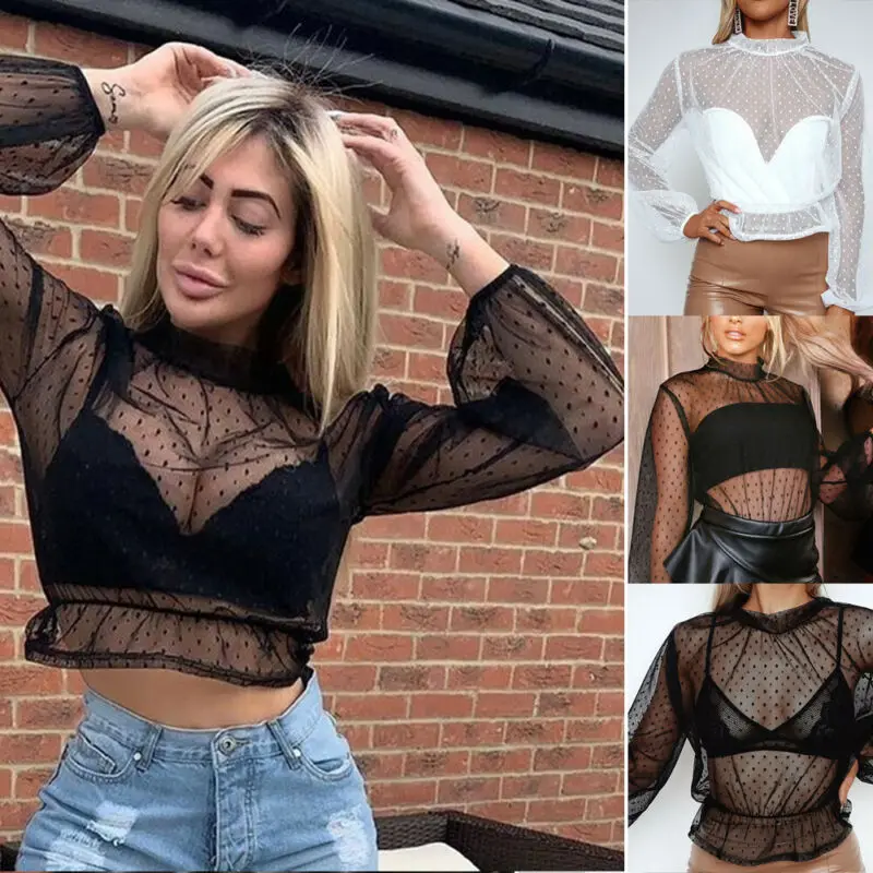 Женский прозрачный топ с высоким воротником однотонная привлекательная