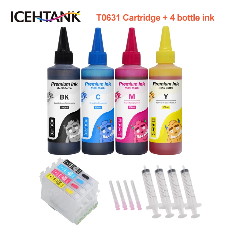 

ICEHTANK Ink Cartridge For Epson T0631 Stylus C67 C87 CX4100 CX4700 CX3700 Printer Cartridges + 100ml Bottle Refill Dye ink Kit