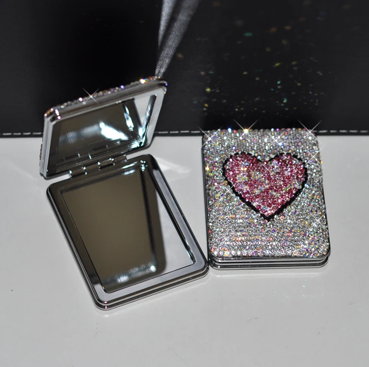 Креативное портативное зеркало блестящие стразы в форме сердца складные ручной