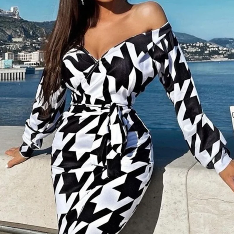 

WEPBEL Dress Women's Casual Printed Slim Off-Shoulder Backless Dress Sexy Lace-up Long Sleeve V-neck High Waist Slit Dress