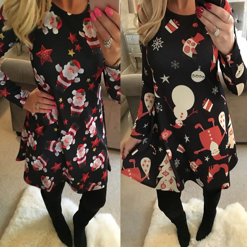 Женское зимнее платье с круглым вырезом длинным рукавом и принтом | Женская