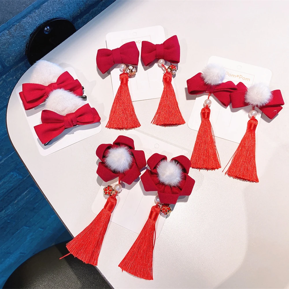 

Multi style Girls Hair Clips Chinese Style Traditional Princess Tassels Bow Flower Pom Ball Hairpins Child Kids Hair Accessories