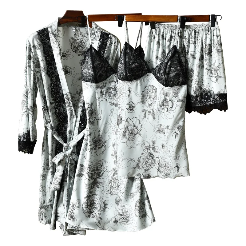 

4PCS Sexy Pajamas Suit Women Kimono Bathrobe Gown Print Flower Nightwear Intimate Lingerie Spring Satin Home Wear Sleep Set