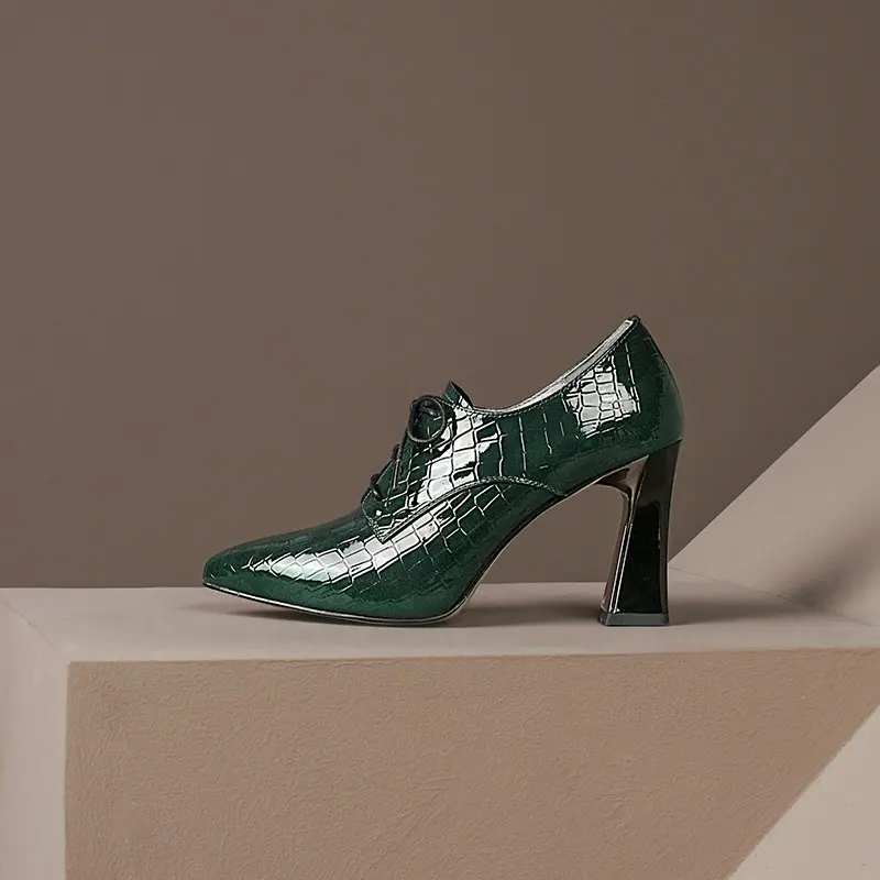 

Genuine Leather Lace up Women Pumps Spring autumn Prom High Heeled Shoes Woman Pointed Toe Sexy Female dress Pumps