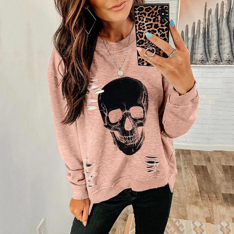 Женская футболка с принтом скелета свободная повседневная длинным рукавом и