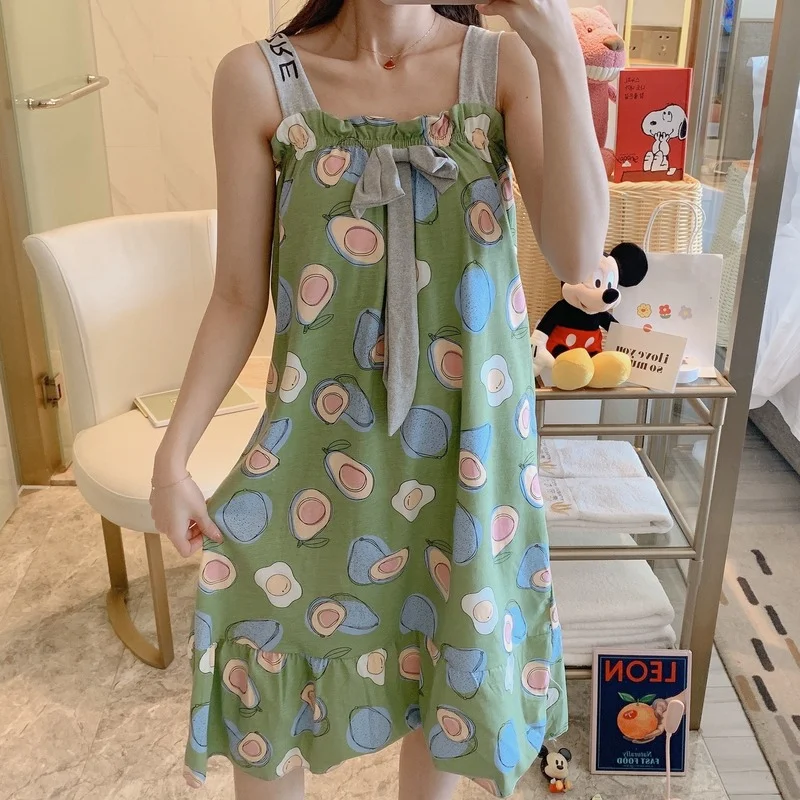 Pajamas with Chest Pad Suspenders Women's Summer Cotton Sleeveless Thin Section Ladies Over-the-knee Skirt Pajamas Home Service