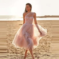 romantic pink a line see through puff one shoulder prom gowns fashion women beach photography party dresses custom made