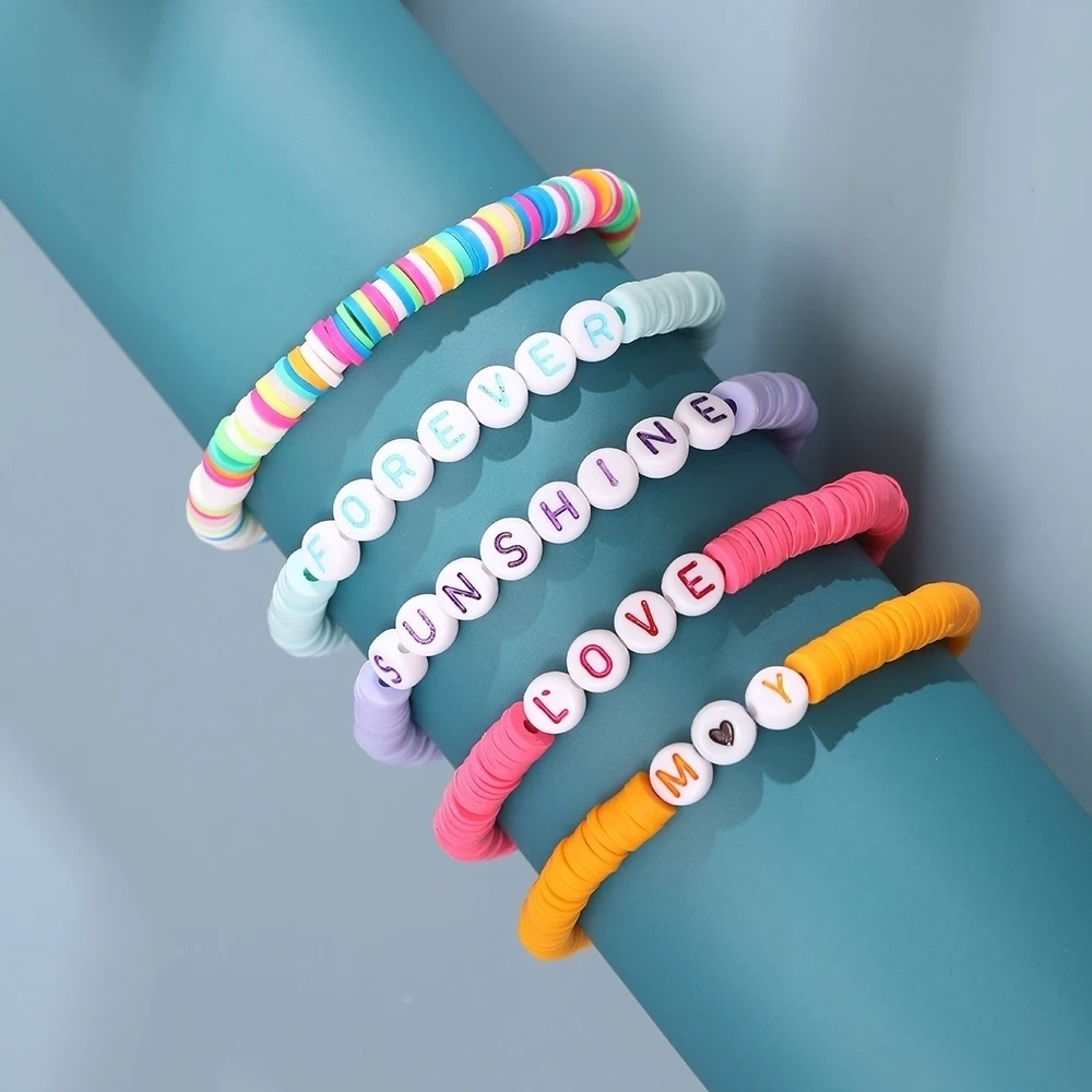 

Boho Handmade Polymer Clay Bracelet for Women Men Colorful Letters Beads Love Heart Bracelet Bangles 2021 Summer Jewelry