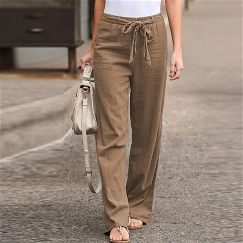 

2020 Summer Women's Casual Sweatpants Elastic Waist Solid Color Cotton and Linen Wide Leg Pants Lace-up Loose Trousers Women