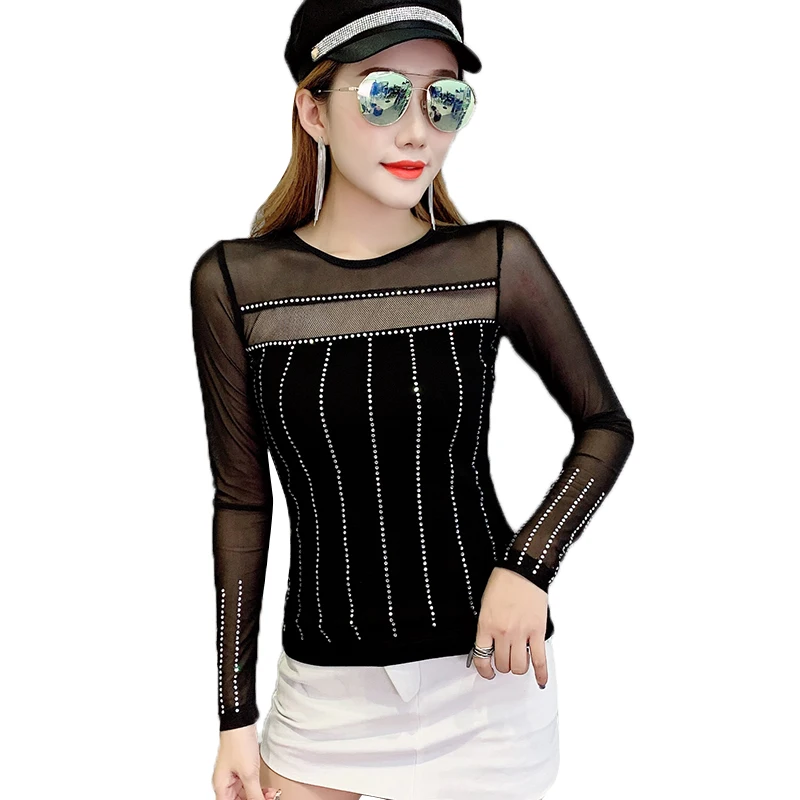 Модный сексуальный прозрачный сетчатый топ с бриллиантами новинка 2019 осенне