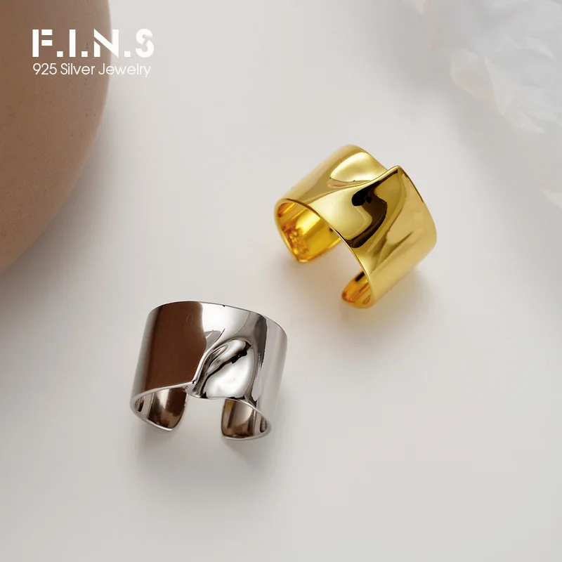 

F.I.N.S Korean Simple S925 Sterling Silver Glossy Ring INS Wide Open Convex Surface Index Cuff Finger Rings for Women Men