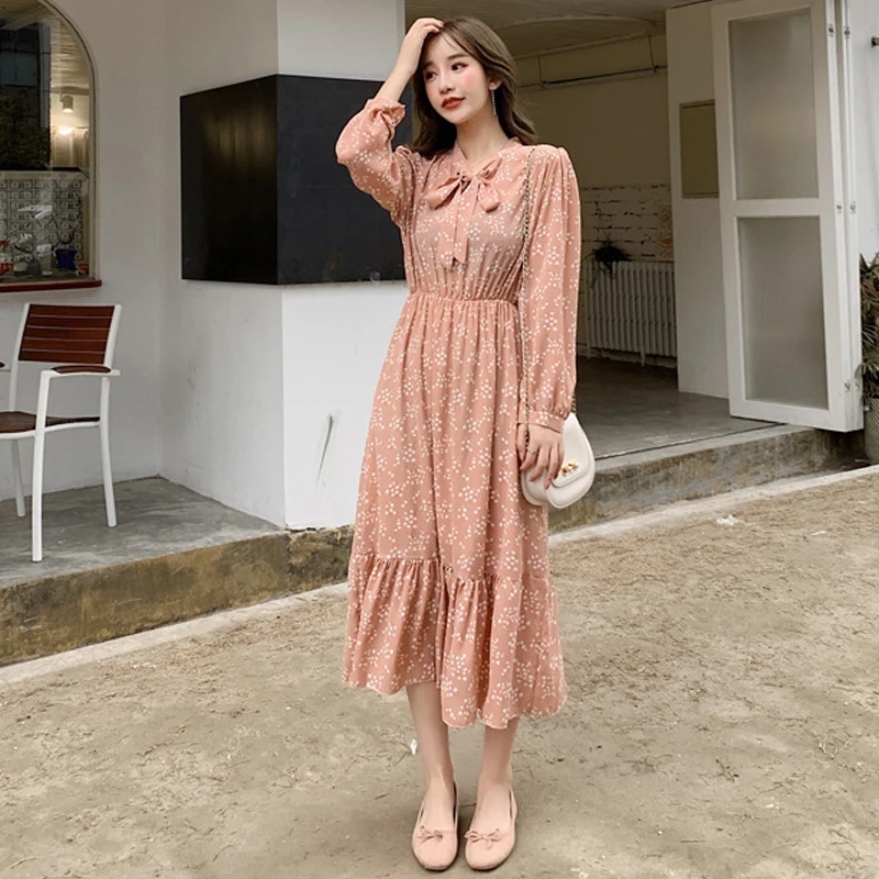 Женское платье с длинным рукавом шифоновое платье-трапеция высокой талией