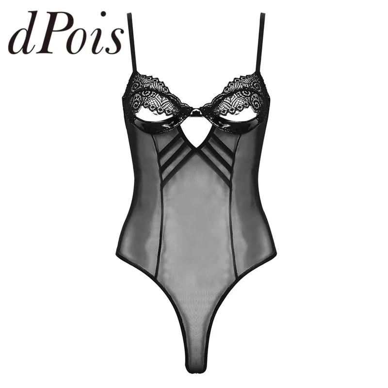 

Women One-piece Mesh See Through Sheer Lingerie Adjustable Spaghetti Straps Lace Cups Low Back Thong Teddy Bodysuit Nightwear
