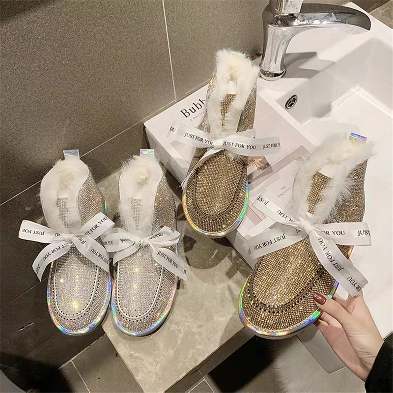 Зимние сапоги женские меховые универсальные зима 2021 новые Стразы с бантом