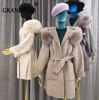 hot sale european style elegant women cashmere coat solid color female belted cardigan outerwear real fox fur hooded wool coats