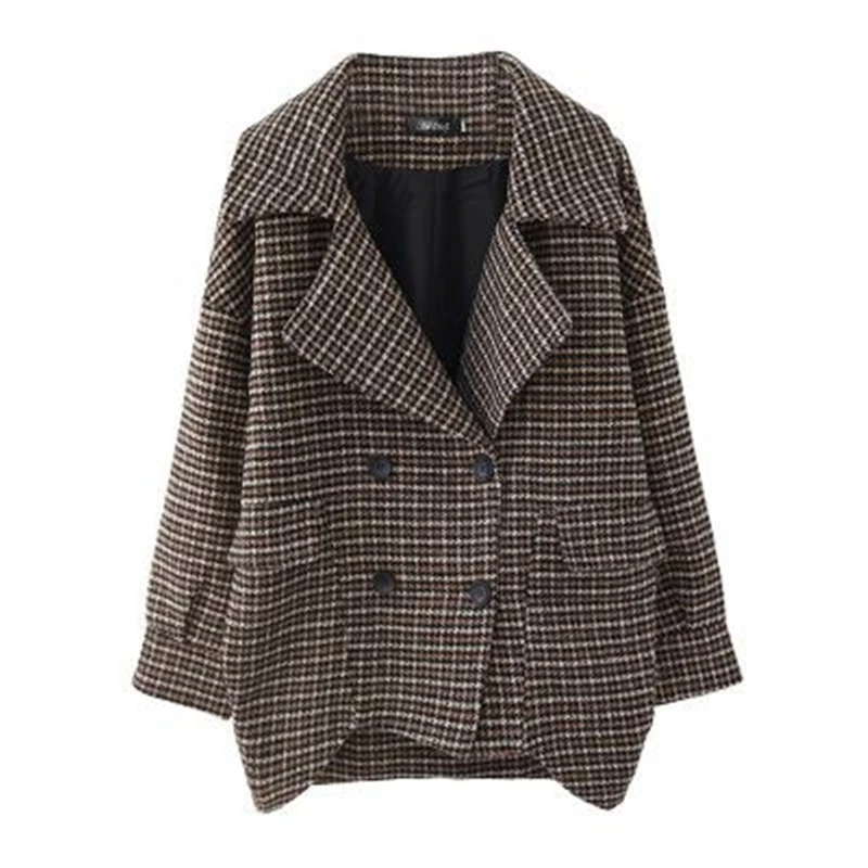 

2020 New Women's Woolen coats Grid pattern Cotton Suit collar Loose Stylish Warm Thicken Simple All-match Ladies Tops Durable