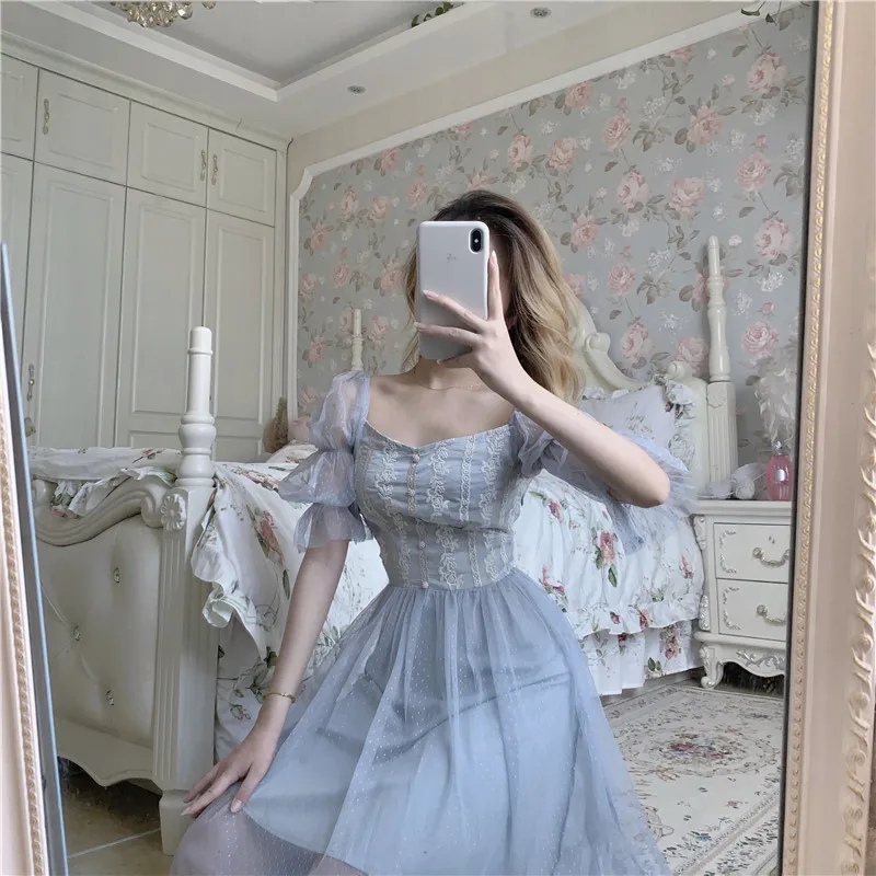 

Sexy Dress Short Puff Sleeve Square Collar Calf-length Elegant French Chic Vestidos A-line Embroidery Dresses