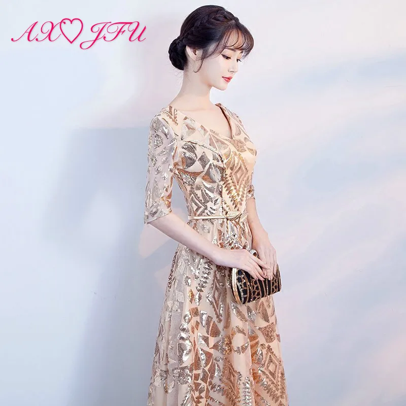 

AXJFU luxury princess golden lace sparkly silvery bride evening dress vintage v neck half sleeve sexy Starry long evening dress