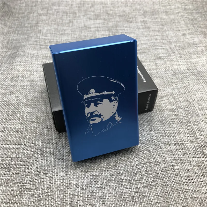 blue Август Сталин алюминиевый сплав портсигар лазерные резные советское соединение Сталин сигареты коробки курительные Держатели - Color: blue