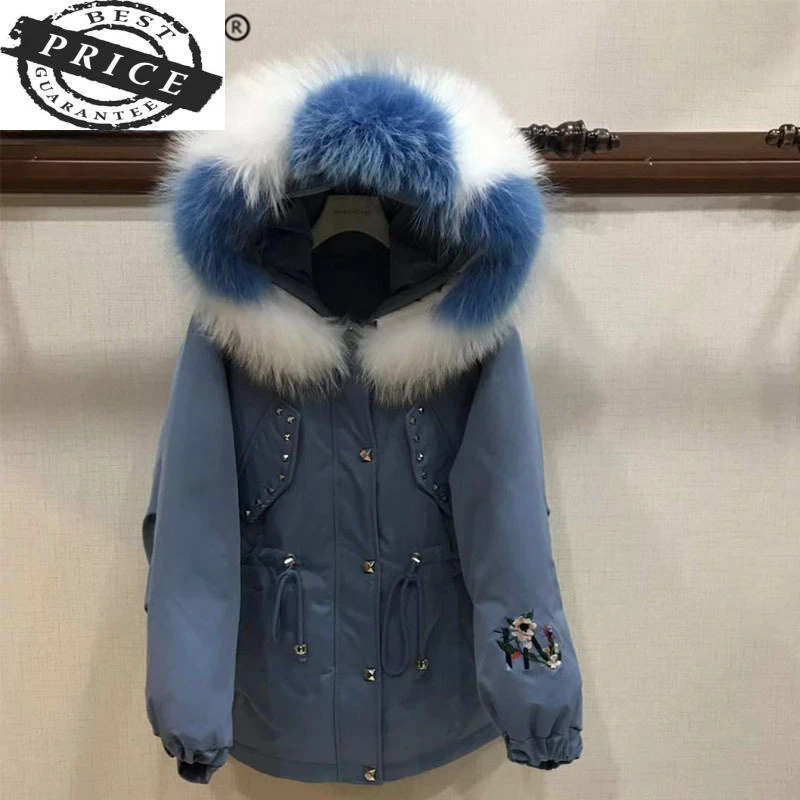 

Duck Thick Warm Down Coat Female Jacket + Large Fur Hooded 2021 Fashion Embroidery Rivet Chaqueta Mujer Overcoat LW1250