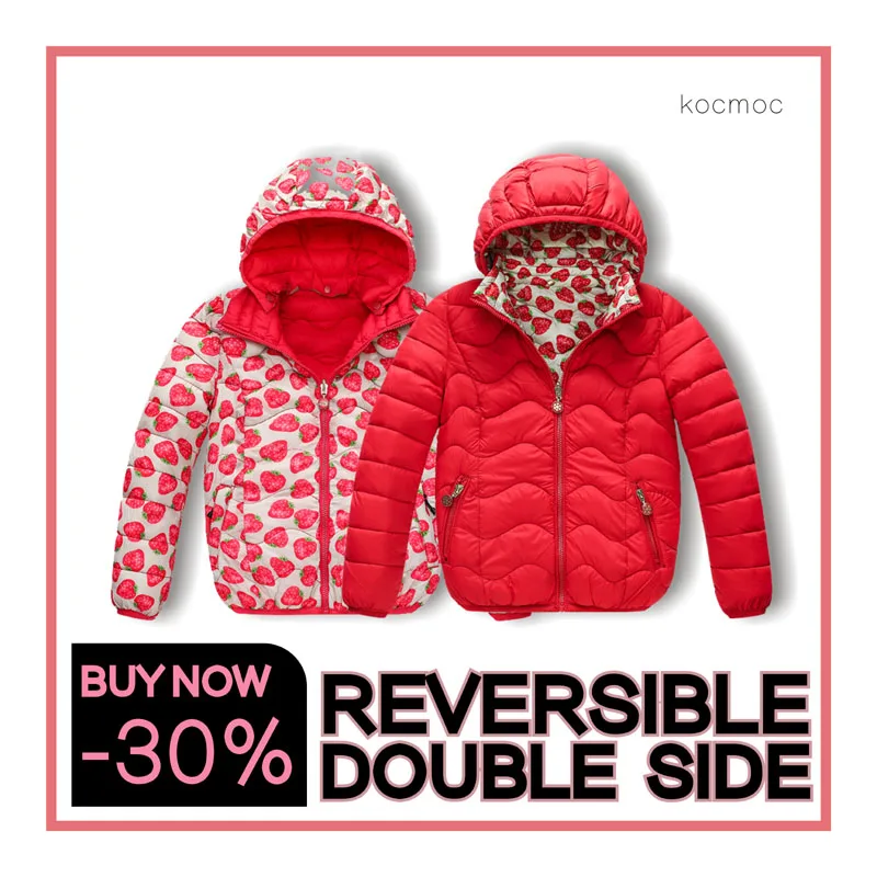 

Autumn Winter Clothes Strawberry Double Side Down Jacket Detachable Cap Cotton Coats Outerwear Winter Age 4-12 Years Old 65053