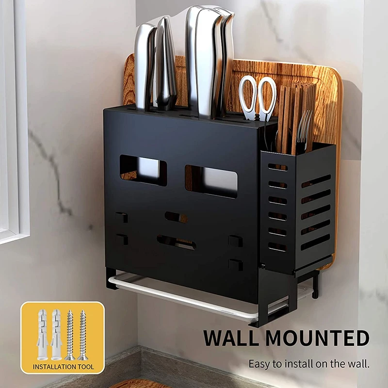 

Knife Holder, 4 in 1 Knives/Forks/Chopsticks/Spoons/Cutting Board Organizer for Kitchen Countertop Storage, Wall Mount