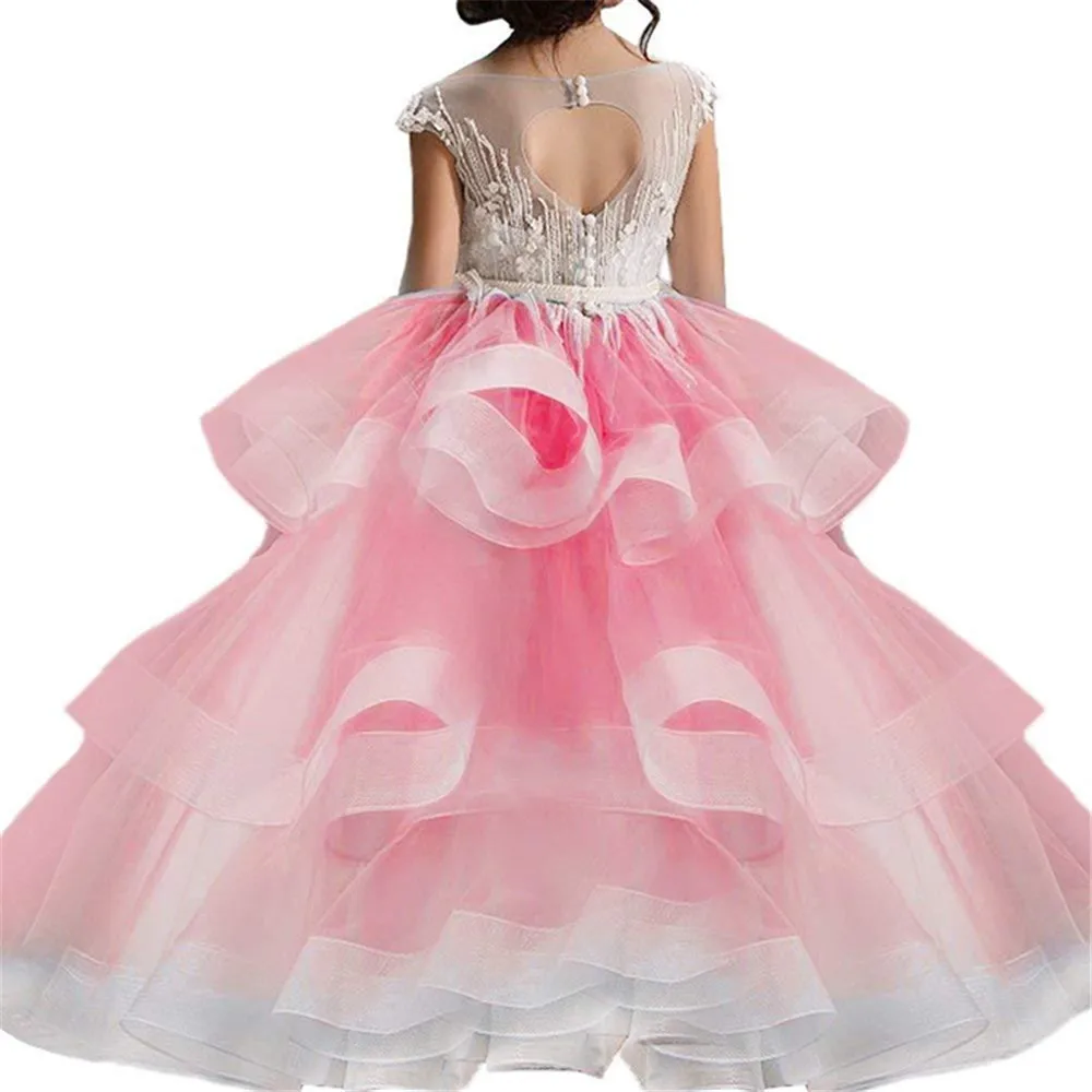 

Boutique Flower Girl Dresses Cascading Tulle Ball Gown Applique Customized Floor Length Open Back Holy Communion Pageant Gown