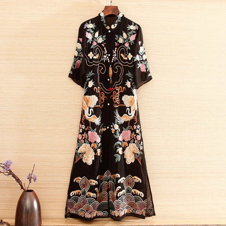 

Высококачественное летнее женское платье в китайском стиле с цветочной вышивкой миди Qipao, элегантное облегающее женское платье трапециеви...