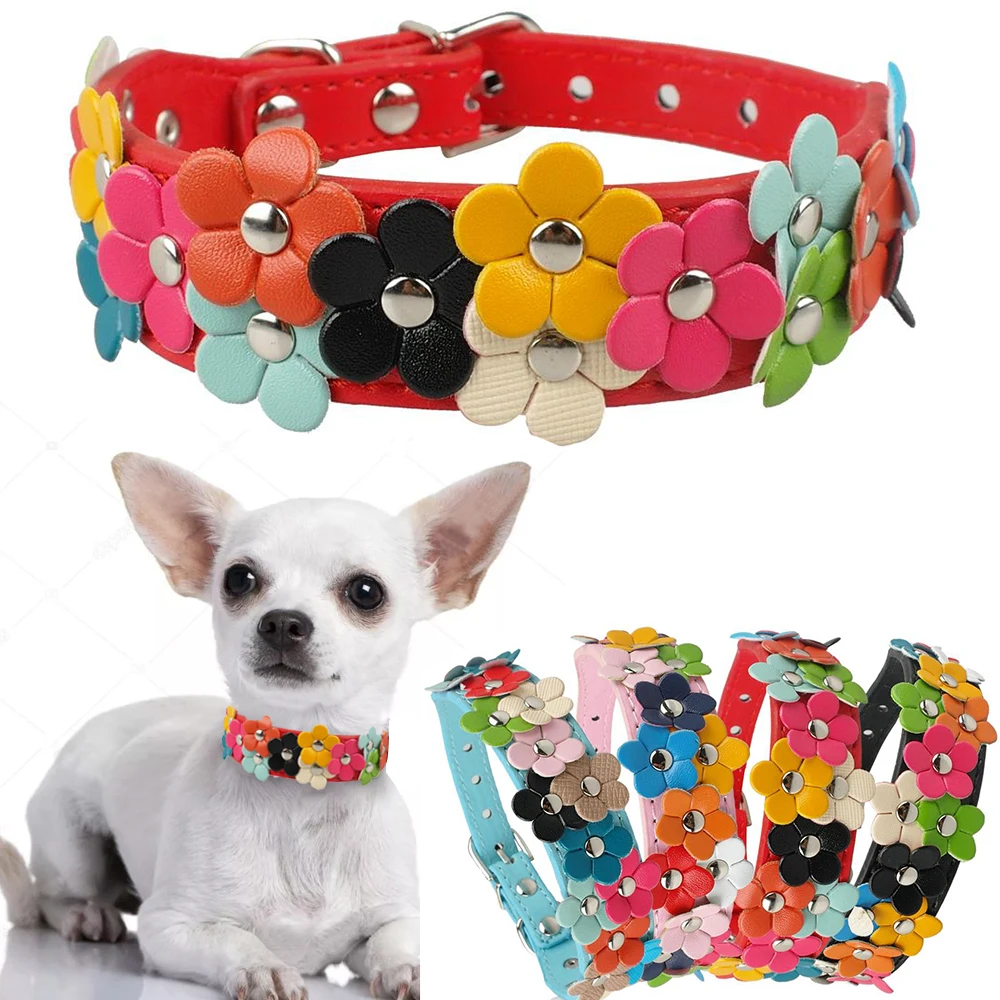 

Flower Dog Collar Cute Leather Studded Dogs Necklaces Pet Collars For Small Medium Dogs Pink/Black/Red Colors For Chihuahua D30