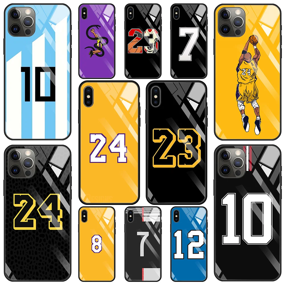 

basketball star Football Number Tempered Glass Case For iPhone 13 12 11 Pro Max 12Mini X XR XS Max 8 7 6s Plus SE 2020 Shell