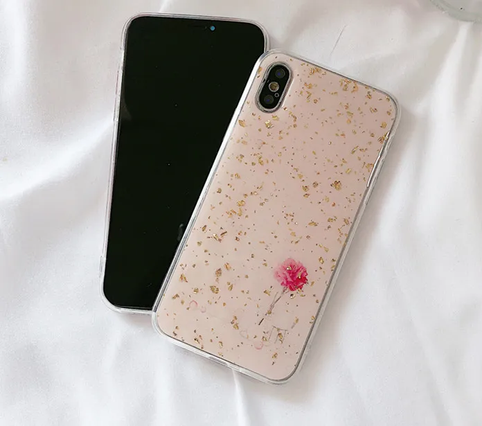 Чехол для iPhone X Xs Max Xr 6s 7 8plus с розовым блестящим цветком Мягкий силиконовый чехол