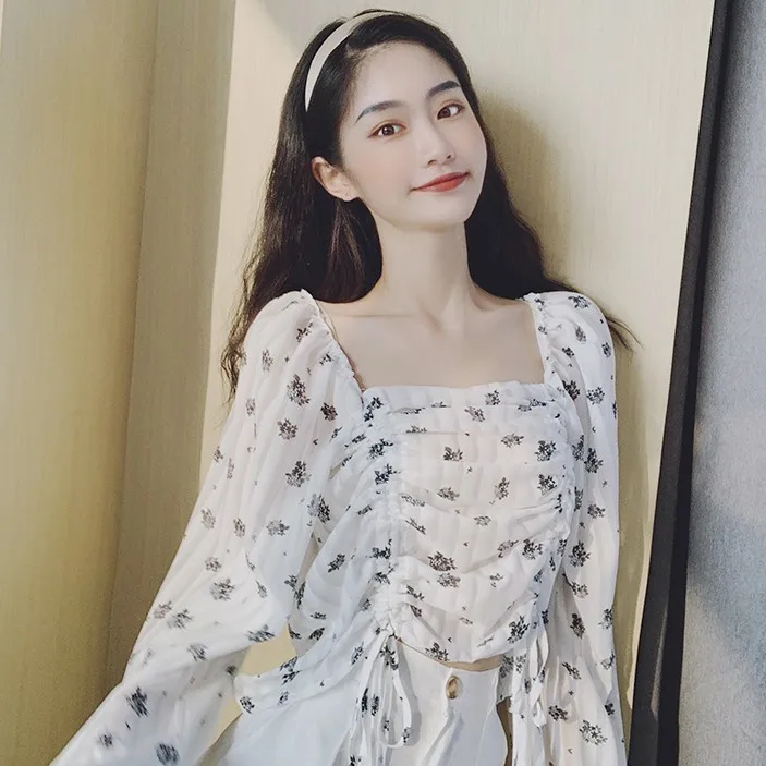 Квадратный воротник темперамент Горячая весна осень новый короткий топ