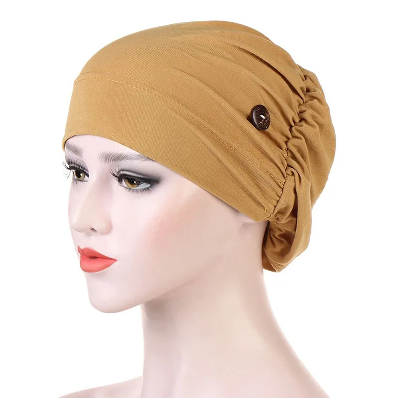 

Casual Women Turban Head Wrap Hat With Button Headwear Headscarf Bonnet Inner Hijabs Chemo Hats Turbantes Caps
