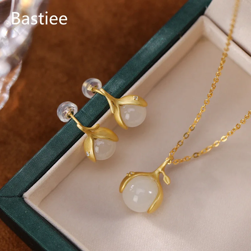 

Bastiee Bud Jade Silver 925 Jewelry Sets For Women Gold Plated Neclace Pendants Studs Earrings Luxury Gift Jewellery Set