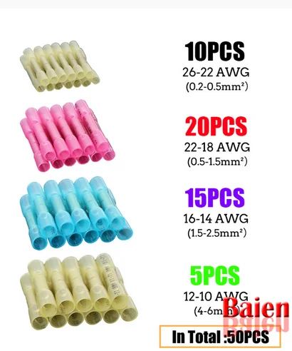 

50pcs Assorted Heat Shrink Butt Splice Crimp Connectors Insulated Waterproof Copper PE AWG 22-10 Terminals Kit wire connector