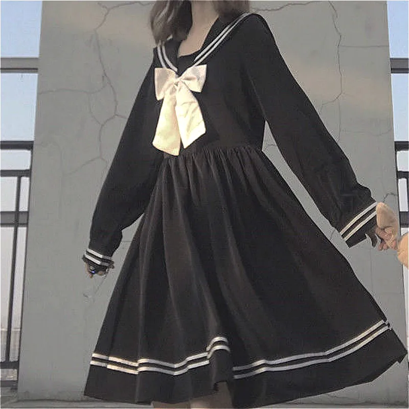 

Dresses Women Bow Patchwork Loose A-Line Fashion Knee-Length Cute Empire Preppy Style Ins Sailor Collar Japanese All-match Black