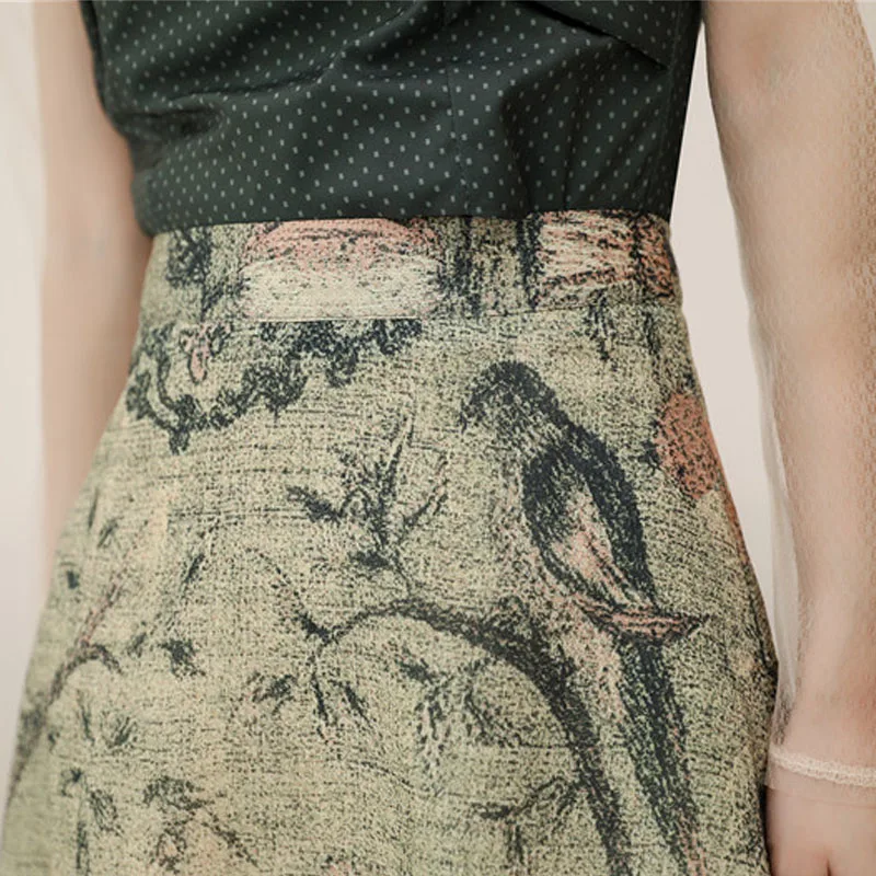 Summer Sweet 2 piece Set Women Short Vintage Green Mesh Patchwork Tops +Mid-length Slim Print Skirt 2020 New Fashion Office Sets | Женская