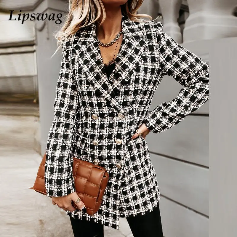 

Retro Fashion Plaid Blazer Overcoat Tops Women Casual Long Sleeve Wool Coats Winter Elegant Double Breasted Lady Jackets Outwear