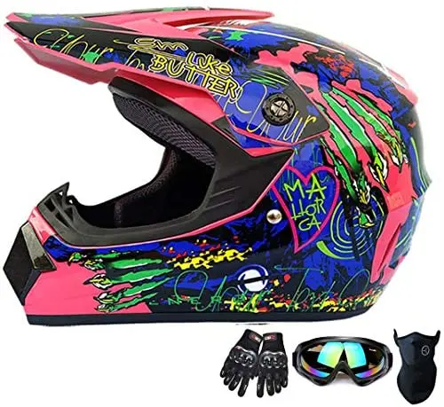 

Youth Kids Motocross Helmet Mask Goggles Gloves,Bike Off-Road Mountain Helmet 4-Piece Set Unisex,Pink,S