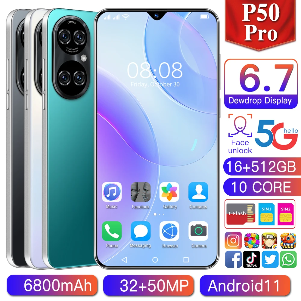 

2021 Low Price P50pro Global Version Smartphonr 16G 512G Android10 Unlocked 6800mAh Snapdragon 888 Face ID Mobile Phone