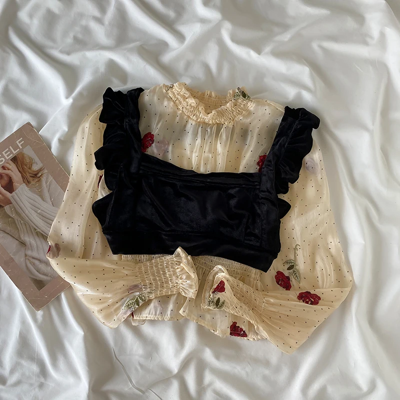 

French Style Series Vintage Trend Embroidery Printing Fashion Shirts + All-match Short Section Vest 2021 New Spring/Autumn Suit