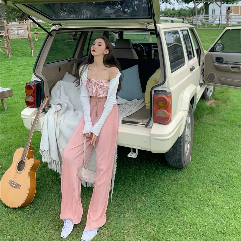 

2021 New Women's Pants Sweet Fashion Hottie Suit Three Piece Set High Waist Wide Leg Pants White Knitted Cardigan Pink Trouser