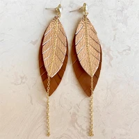 two tone layered pu leather feather dangle earrings long chain line earrings for women boutique jewelry wholesale