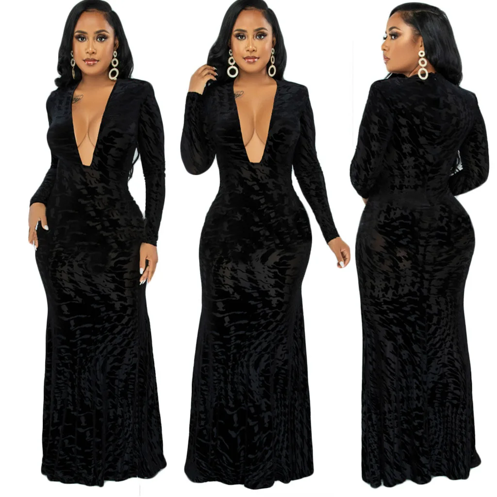 

Echoine Autumn Sheer Mesh Velvet Patchwork V-neck Long Sleeve Black Dress Women Party Club Maxi Long Dresses Elegant Robe 2021