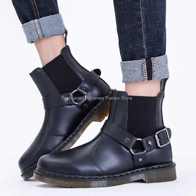 

Buckle Chelsea Boots Unisex Casual Shoes Men's Split Leather Short Boots Women Boots High Top Ankle Autumn Winter Boots Couple
