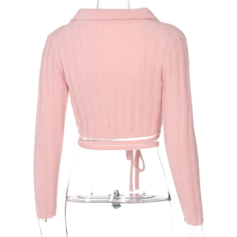 

Giyu Pink Knitted Autumn New Fashion Sweaters Women Sexy Cross Bandage Solid Crop Tops Ladies V-neck Pullovers Streetwear 2021