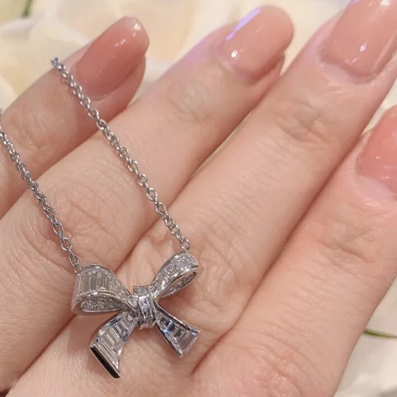 

Women's Classic Fashion Zircon Bow Necklace S925 Sterling Silver Original Luxury Brand High Quality Jewelry Logo Gift