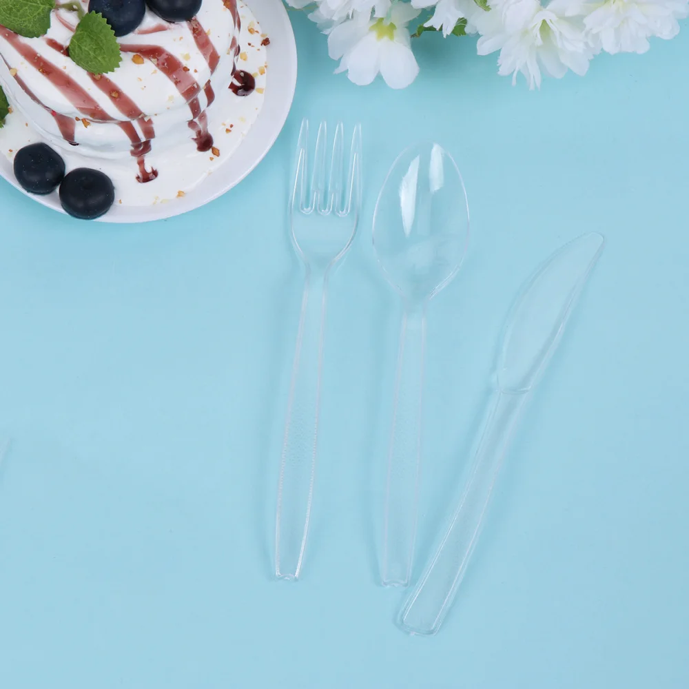 

300pcs Transparent Disposable Tableware Party Cutlery Fork Spoon for Party Birthday (Knife, Fork, Spoon Each 100pcs)