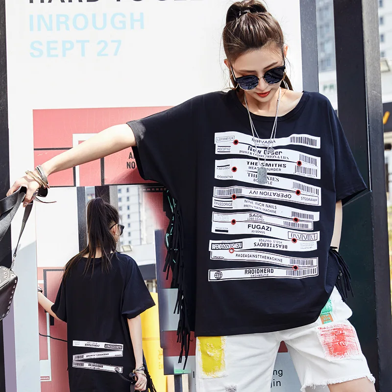 

2021 INS Trendy T Shirt Cool Girl Streetwear Letters Bar Code Print O Neck Summer Tops Tassels Loose Tees Women Mujer Camisetas