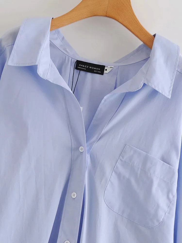 

Traf Top za Y2k female fashion woman blouses 2021 Blue Slim Lapel Long Sleeve Pockets office women's elegant clothing zaraing